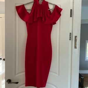 Red off the shoulder dress with turtle neck and ruffles